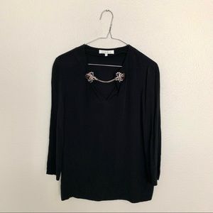 Sandro Black Jeweled Neckline With Chain Blouse